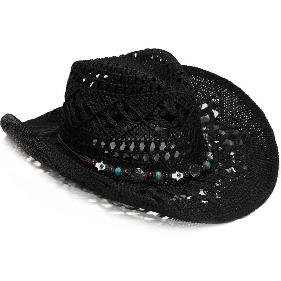 Faux Raffia Cowboy Hat Wide Brim Sun Protection Beach Vacation Accessory main image 7